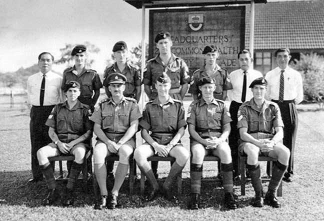  ( 22 Int Pl 1965 )  STANDING L-R : Tan Thiam (JCLO), Geoff Wightman, Barry Fleming, Tom Moore, Pete Barrett  Larry Tan (JCLO), Chan Tian Peng (JCLO). SEATED L-R :  Geoff Burden, Capt D S Dawson (Aust Int Corps), Lt Nigel Champion, Tony Brittain, Graham Broomfield. 