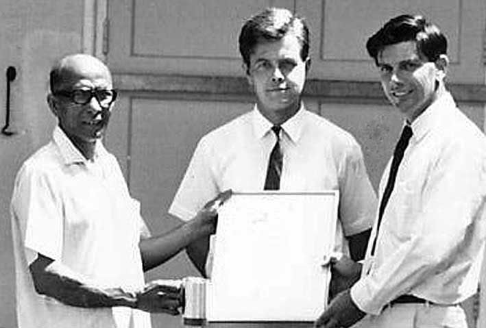  Retirement Presentation to Abdullah - Penang 1969. Abdullah (LEC), Bob Boothman (Incoming Det Comd), David Robinson (Outgoing Det Comd). 