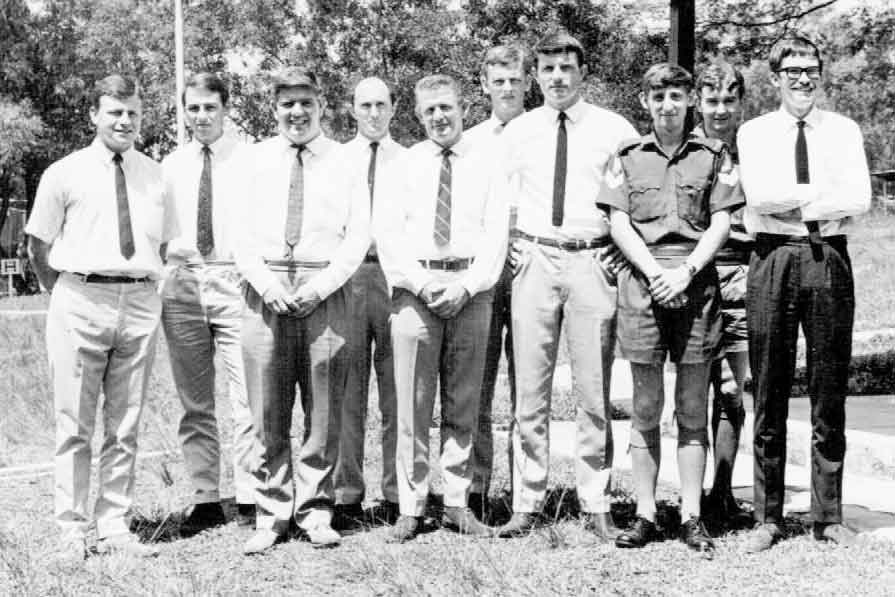  ( CI Sect, 8 Int & Sy Coy, Singapore circa 1969/70 ) L-R : Mac Bryan, Steve Whitney, Simon Sharp, Jim Rousell, Tony McGinty (Aust Int Corps), Jamie Babington-Smith, Mike Ogglesby, Tony Marsan(?), Dave Gordon, Trevor Luttrell. 