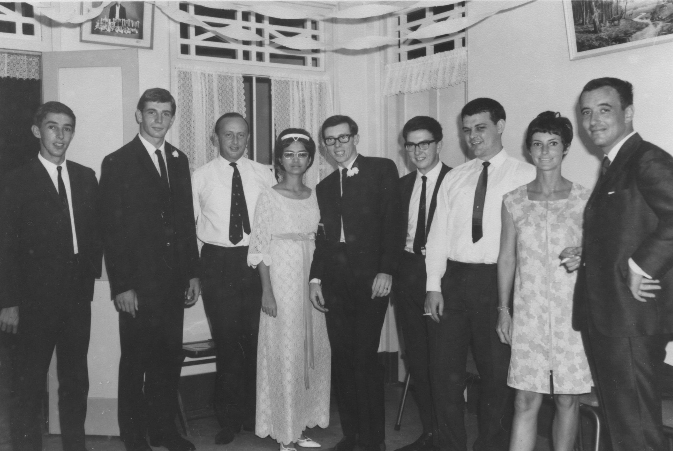  (Dave Mackney's Wedding in Singapore 1967) L-R:  Alan 'Jake' Jacobs, Pete Pugh (Best Man), JJ Davis RA (MIO in ISD), Maureen Mackney, Dave Mackney, Tony McGlenaghan, Kieth SNU RE, Mrs Duff, Dave Duff 