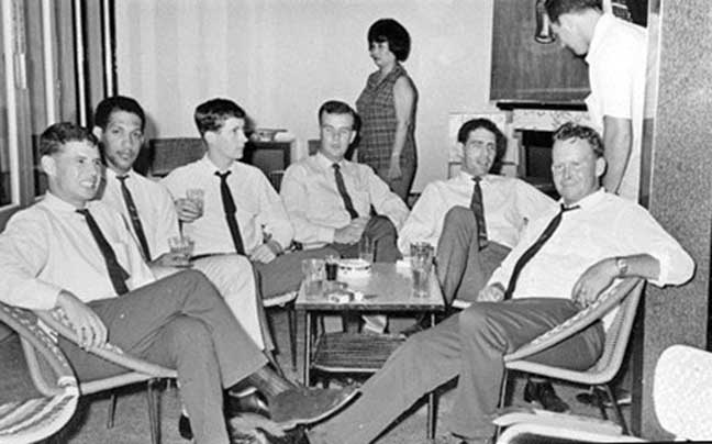  ( Some of 22 Int Pl OTP Malacca 1966 ) L-R :  Ian 'Nookie' Parr, Lionel Toppin (RE), Barry Fleming, Harry Pinchard, Brian Jenkins, 'Blue' an Aussie 'temp att' for the evening. 