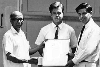  Retirement Presentation to Abdullah - Penang 1969. Abdullah (LEC), Bob Boothman (Incoming Det Comd), David Robinson (Outgoing Det Comd). 
