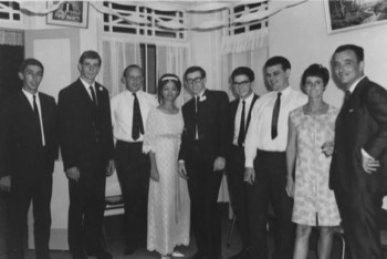  (Dave Mackney's Wedding in Singapore 1967) L-R:  Alan 'Jake' Jacobs, Pete Pugh (Best Man), JJ Davis RA (MIO in ISD), Maureen Mackney, Dave Mackney, Tony McGlenaghan, Kieth SNU RE, Mrs Duff, Dave Duff 