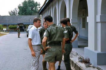  ( Smoke break at Gp HQ - Singapore 1970 ) FOREGROUND L-R : Mac Bryan, Sgt Bob McCrindle, Cpl Gavin Greenwood. BACKGOUND L-R : SSgt Tony McGinty (Aust Int Corps), Cpl Jamie Smith. 