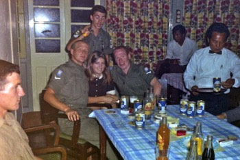  ( Cameron Highlands NAAFI Bar 1968 ) L-R :  Geoff Downing, Nik Collett, Bob Thomas, Jane SNU (Daughter of CO Cameron Highlands), Doug Langham. 